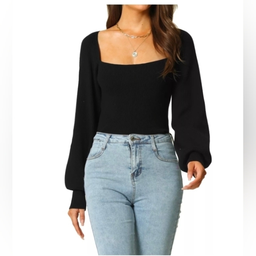 Seta T Women's Bishop Long Sleeve Square-neck Stretch Ribbed Knit Slim Fit Solid